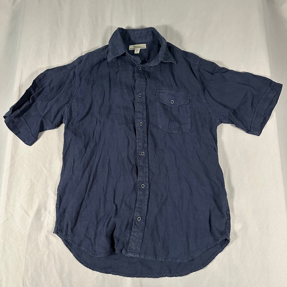 Faconnable Navy Blue Linen Short Sleeve Button Down Shirt Mens Small Pocket